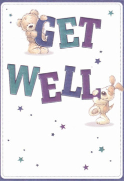 Here in Isleworth, this delightful get well card becomes a gentle messenger, its heartwarming illustration of a teddy bear and playful puppy inviting a smile with their tender expressions and affectionate poses. Resting amongst boldly painted letters in rich purples and aquas, these two friends communicate kindness much like the dependable gestures shared between neighbours along Church Street or in the leafy refuge of Syon Park. Stars-sprightly and shimmering in varied hues-dot the soft white background, suggesting magic and possibility in each subtle twinkle, while the confident, rounded typography feels like words of encouragement spoken by a caring florist. The scene glows with emotional warmth and lightness, mirroring the thoughtful attention and genuine care found in every bouquet crafted at Florist Isleworth. Textures come alive in the gentle fur and floppy ears, conjuring memories of comfort, like holding a favourite plush toy as a child. This card is a moment of hope, carefully assembled for a loved one's recovery-its visual poetry elegantly woven for those who cherish both tradition and new beginnings in our close-knit Isleworth community.